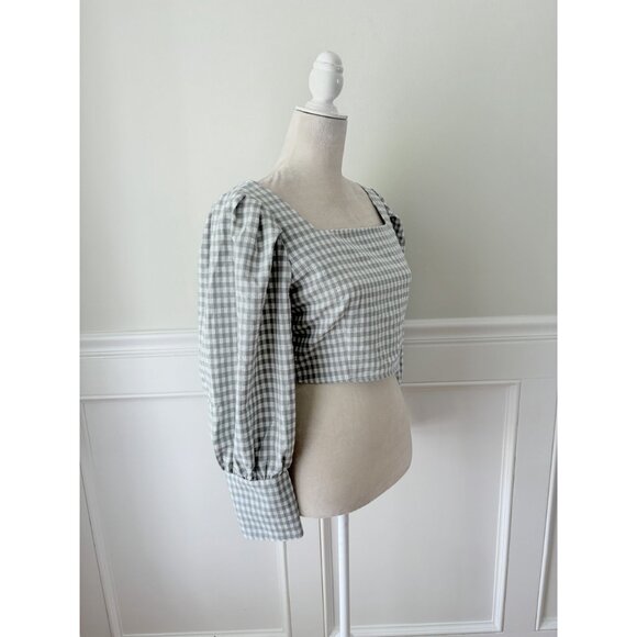 Gray Gingham Square Neck Puff Sleeve Blouse M Back Zip - Picture 2 of 4